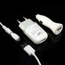 Kit de Carga Cargador de red + cargador de mechero USB / Micro USB blanco