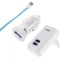 Kit de Carga 3 en 1 con Cargador de red + cargador de mechero USB y cable lightning blanco