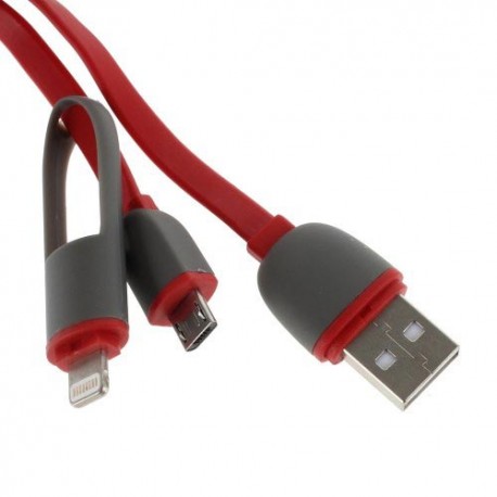 Cable cargador 2 en 1 micro USB y conector Lightning rojo