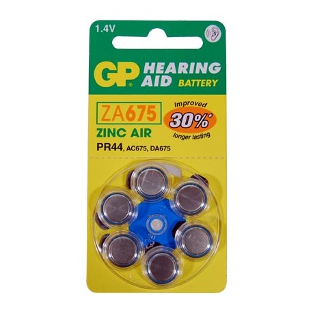 Blister 6 pilas audio GP  ZA675-B6  Zinc aire PR44 (11,6 d, x 5,40 alt,) 1,4  v,  1,4 mAh,