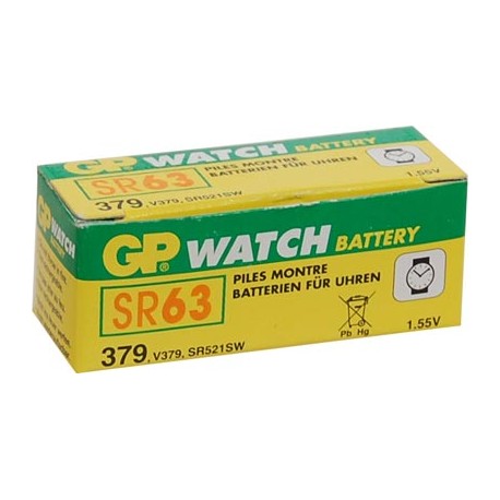 Caja de 10 pilas reloj GP  SR 63, V379, SR521SW oxido de plata (5,80 d, x 2,15 alt,) 1,55 v, 14 mAh,