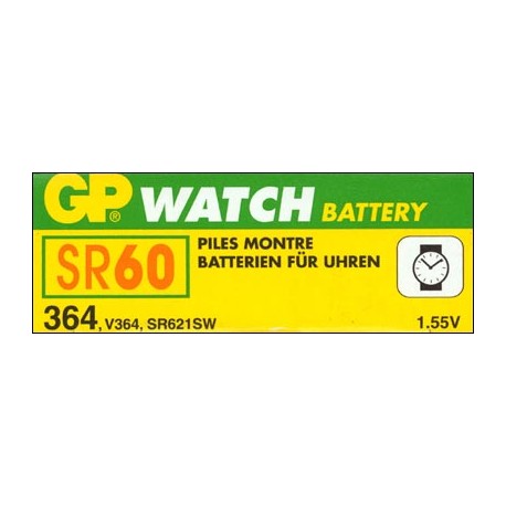 Caja de 10 pilas reloj SR 60 GP 364 oxido de plata (6,80 d, x 2,15 alt,) 1,5 v, 18 mAh,