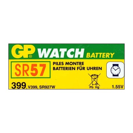 Caja de 10 pilas GP reloj SR 57, GP 399, SR 0927W oxido de plata (9,50 d, x 2,70 alt,) 1,5 v, 55 mAh