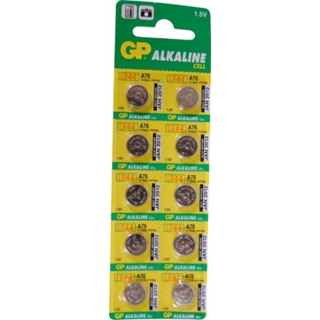 Blister 10 pilas A76 boton LR44 alcalina (11,60 d, x 5,40 alt,) 1,5 v, 110 mAh,, ag13