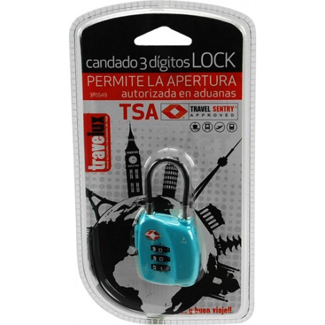 Blister candado combinacion 3 digitos con TSA lock colores varios arco flexible