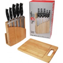 Set 5 cuchillos acero, mango ABS con soporte madera y tabla de corte samura SMK57