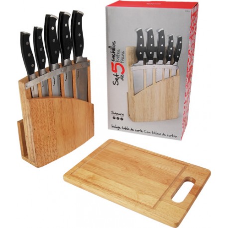 Set 5 cuchillos acero, mango ABS con soporte madera y tabla de corte samura SMK57
