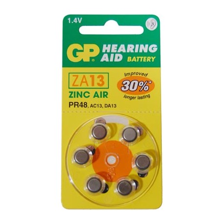 Blister 6 pilas audio GP  ZA013-B6 equivale a 13AE Zinc Aire PR48 (7,9 d, x 5,40 alt,) 1,4 v, 1,4 mA