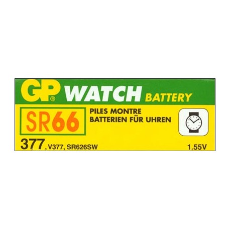 Caja de 10 pilas reloj SR 66, GP 377, SR626SW, oxido de plata ( 6,80 d, x 2,60 alt,) 1,5 v, 25 mAh,