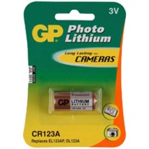 Blister pila GP CR123A especial foto DL123A  Litio (16,90 d, x 34,50 alt, ) 3 v,