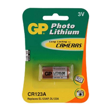 Blister pila GP CR123A especial foto DL123A  Litio (16,90 d, x 34,50 alt, ) 3 v,