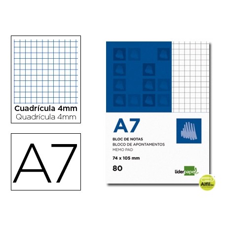 BLOC NOTAS LIDERPAPEL CUADRO 4MM A7 80 HOJAS 60G/M2 PERFORADO