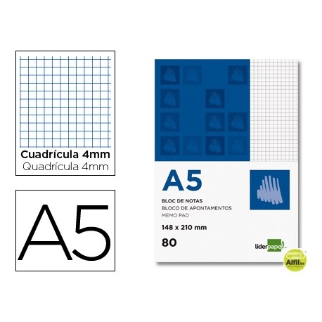 BLOC NOTAS LIDERPAPEL CUADRO 4MM A5 80 HOJAS 60G/M2 PERFORADO
