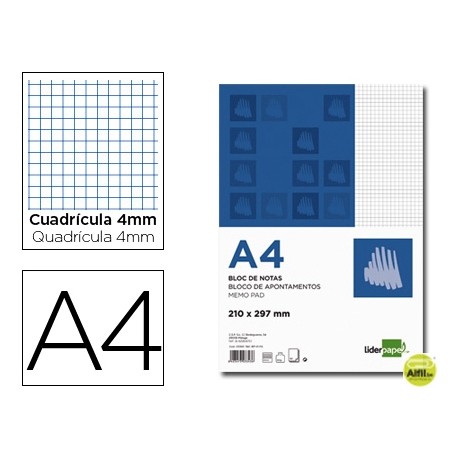 BLOC NOTAS LIDERPAPEL CUADRO 4MM A4 80 HOJAS 60G/M2 PERFORADO