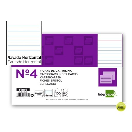 FICHA LIDERPAPEL RAYADA NÌ4 125X200MM PAQUETE DE 100 180G