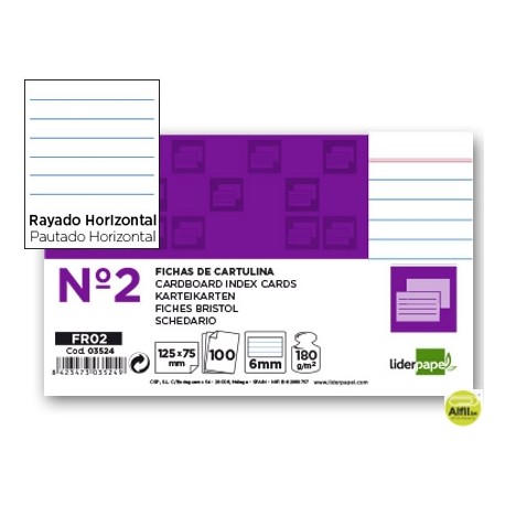 FICHA LIDERPAPEL RAYADA NÌ2 75 X 125MM PAQUETE DE 100 180G