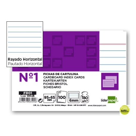 FICHA LIDERPAPEL RAYADA NÌ1 65 X 95MM PAQUETE DE 100 180G
