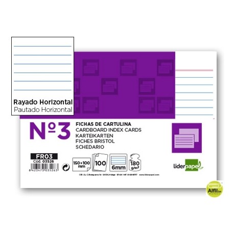 FICHA LIDERPAPEL RAYADA NÌ3 100X150MM PAQUETE DE 100 180G
