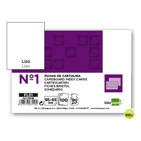 FICHA LIDERPAPEL LISA NÌ1 65X95MM PAQUETE DE 100 180G