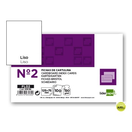 FICHA LIDERPAPEL LISA NÌ2 75 X 125MM PAQUETE DE 100 180G