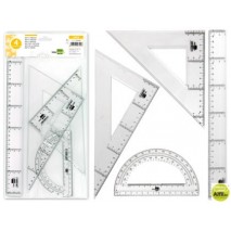 JUEGO ESCUADRA Y CARTABON 25CMREGLA 30CM Y SEMICIRCULO 15CM LIDERPAPEL EN PETACA INCOLORA