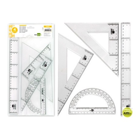 JUEGO ESCUADRA Y CARTABON 25CMREGLA 30CM Y SEMICIRCULO 15CM LIDERPAPEL EN PETACA INCOLORA