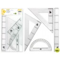 JUEGO ESCUADRA Y CARTABON 25CMREGLA 30CM Y SEMICIRCULO 15CM LIDERPAPEL EN PETACA INCOLORA
