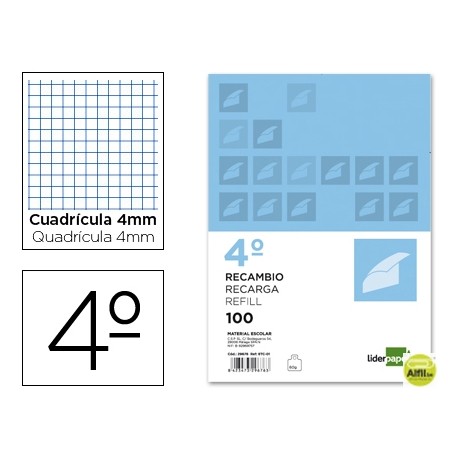 RECAMBIO LIDERPAPEL CUARTO APAISADO 100 H 2TCA-01 CUADRO 4 MM 2 TALADROS CON MARGEN