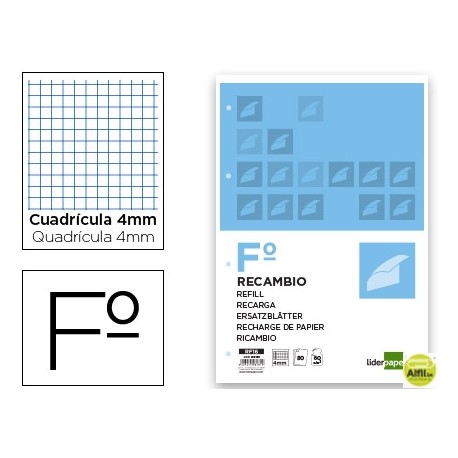 RECAMBIO LIDERPAPEL FOLIO 80 H 4TF-01-8 CUADRO 4 MM 4 TALADROS CON MARGEN