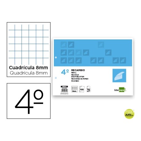 RECAMBIO LIDERPAPEL CUARTO APAISADO 100 H 2TCA-08 CUADRO 8 MM 2 TALADROS CON MARGEN