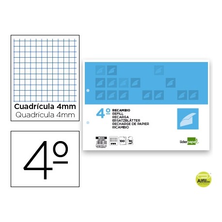 RECAMBIO LIDERPAPEL CUARTO APAISADO 100 H 2TCA-06 CUADRO 3 MM 2 TALADROS CON MARGEN