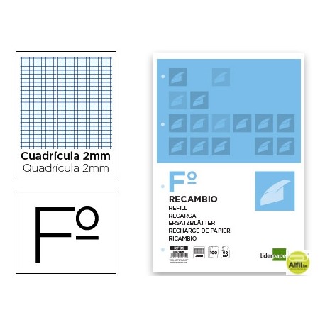 RECAMBIO LIDERPAPEL FOLIO 100 HOJAS 60G/M2MILIMETRADO SIN MARGEN 4 TALADROS