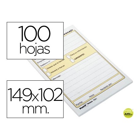 BLOC DE NOTAS ADHESIVAS QUITA Y PON POST-IT CON 100 HOJAS -MENSAJE TELEFONICO -7693-