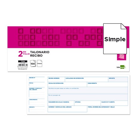 TALONARIO LIDERPAPEL RECIBOS 2/FÌ ORIGINAL T134 CON MATRIZ