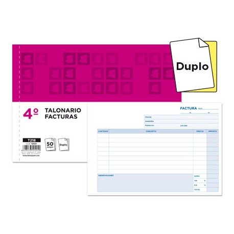 TALONARIO LIDERPAPEL FACTURAS CUARTO ORIGINAL Y COPIA T218 APAISADO CON I.V.A.