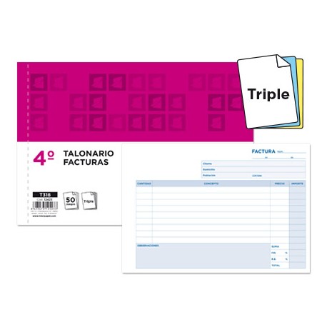 TALONARIO LIDERPAPEL FACTURAS CUARTO ORIGINAL Y 2 COPIAS T318 APAISADO CON I.V.A.