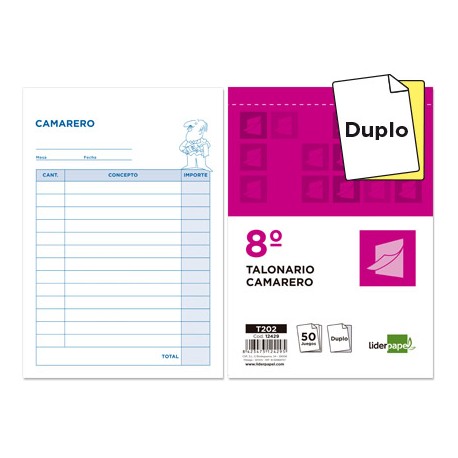 TALONARIO LIDERPAPEL CAMARERO 8Ì ORIGINAL Y COPIA T202