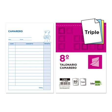 TALONARIO LIDERPAPEL CAMARERO 8Ì ORIGINAL Y 2 COPIAS T302