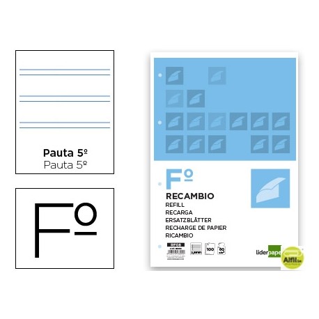 RECAMBIO LIDERPAPEL FOLIO 100 HOJAS 60G/M2PAUTA 5Ë 2.5MM CON MARGEN 4 TALADROS