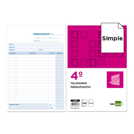 TALONARIO LIDERPAPEL PRESUPUESTO CUARTO ORIGINAL T130