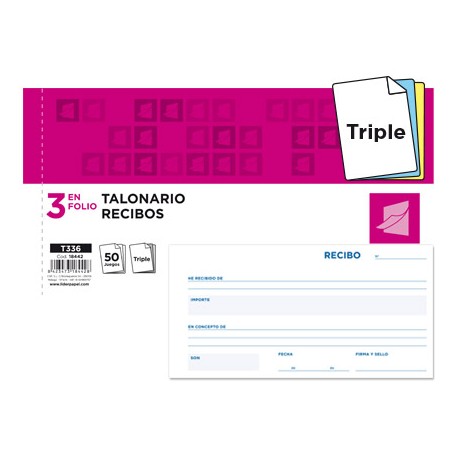 TALONARIO LIDERPAPEL RECIBOS 3/FÌ ORIGINAL Y 2 COPIAS T336 SIN MATRIZ