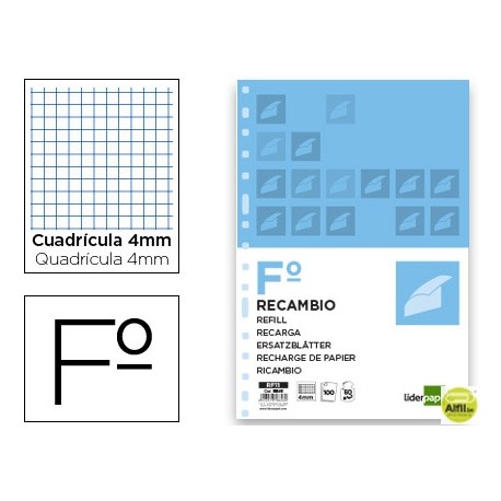 RECAMBIO LIDERPAPEL FOLIO 100 HOJAS 60G/M2 CUADRO 4MM CON MARGEN 16 TALADROS