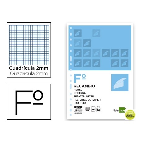 RECAMBIO LIDERPAPEL FOLIO 100 HOJAS 60G/M2 MILIMETRADO SIN MARGEN 16 TALADROS