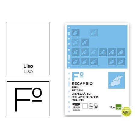 RECAMBIO LIDERPAPEL FOLIO 100 HOJAS 60G/M2 LISO SIN MARGEN 16 TALADROS
