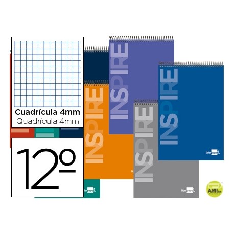 BLOC ESPIRAL LIDERPAPEL BOLSILLO DOCEAVO APAISADO INSPIRE TAPA EXTRADURA 80H 60G CUADRO 4MM. COLORES