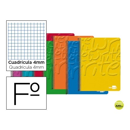 BLOC ESPIRAL LIDERPAPEL FOLIO WRITE TAPA CARTONCILLO 80H 60G CUADRO 4MM CON MARGEN. COLORES SURTIDOS