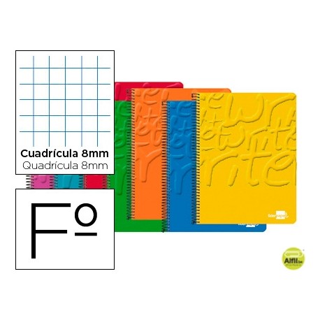 BLOC ESPIRAL LIDERPAPEL FOLIO WRITE TAPA CARTONCILLO 80H 60G CUADRO 8MM CON MARGEN. COLORES SURTIDOS