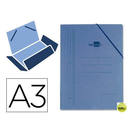 CARPETA GOMAS LIDERPAPEL A3 3 SOLAPAS CARTON PRESPAN AZUL