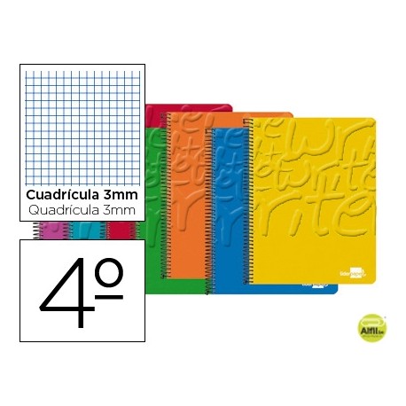 BLOC ESPIRAL LIDERPAPEL CUARTO WRITE TAPA CARTONCILLO 80H 60G CUADRO 3MM CON MARGEN. COLORES SURTIDO