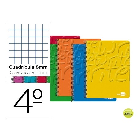 BLOC ESPIRAL LIDERPAPEL CUARTO WRITE TAPA CARTONCILLO 80H 60G CUADRO 8MM CON MARGEN. COLORES SURTIDO